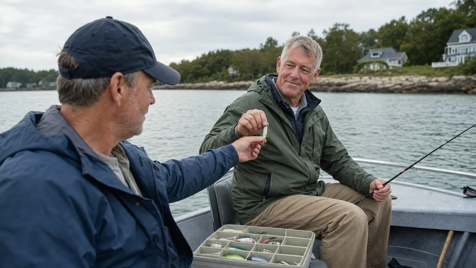 Two anglers on a boat, one handing the other a lure, tackle tray open on the bench seat between them