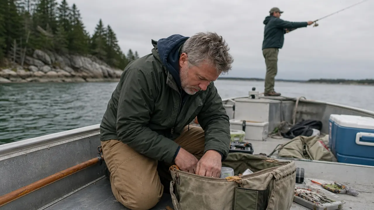 Angler kneeling in an aluminum boat digging through a tangled canvas tackle bag while a fishing partner casts nearby