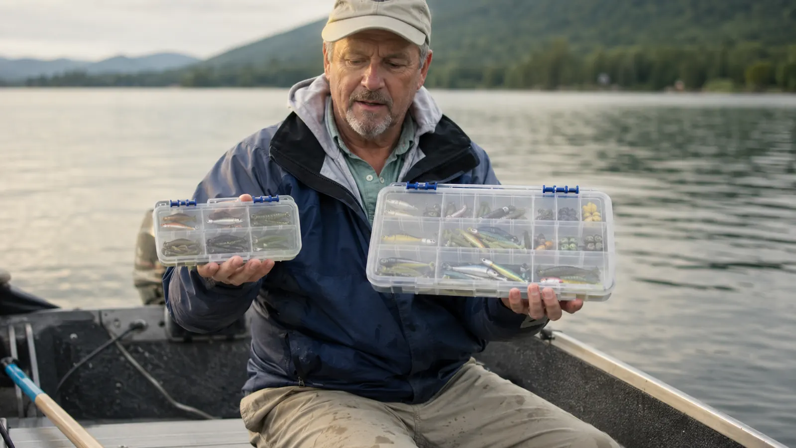 Angler holding two different sized KastKing tackle trays side by side on a boat bench seat