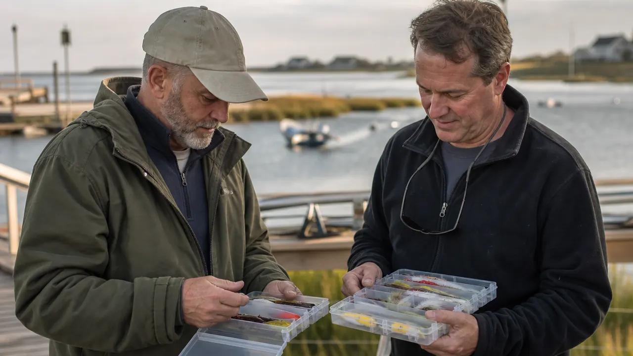 Angler and his brother-in-law comparing two tackle boxes on a dock near the coast